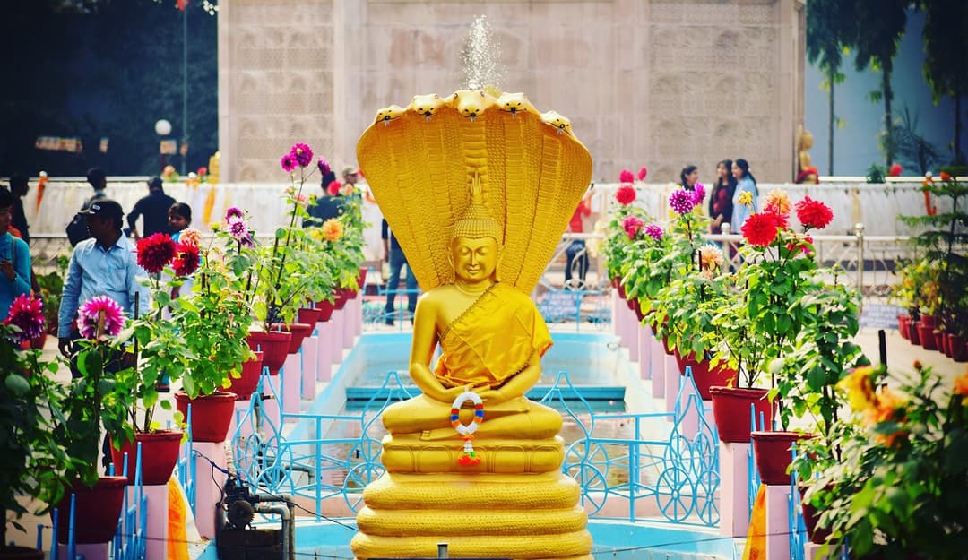 Majestic Buddha statue at Sarnath, Varanasi symbolizing peace and enlightenment, surrounded by lush greenery.