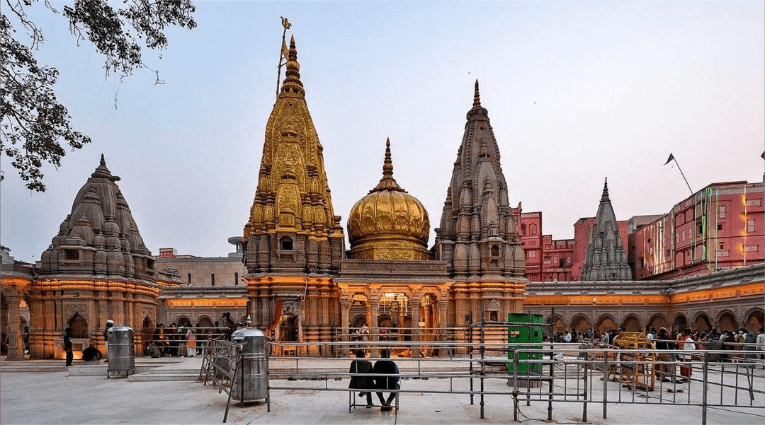 Kashi Vishwanath Temple in Varanasi with its golden spire and intricate architecture.